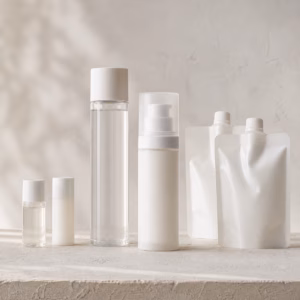 Unbranded lotion and light emulsion bottles with travel minis and refill pouches on a neutral cosmetic sample table