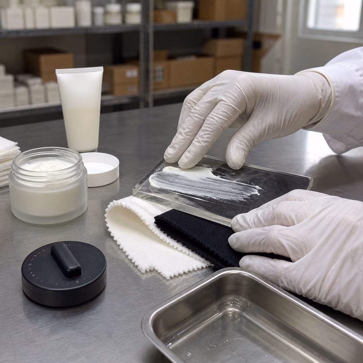 Gloved factory technician checking overnight film cream texture against white and dark textile swatches