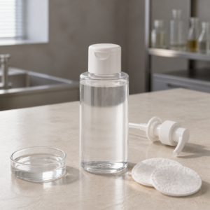 Unbranded clear micellar cleansing water sample, pump component and cotton pads on a cosmetic formulation table