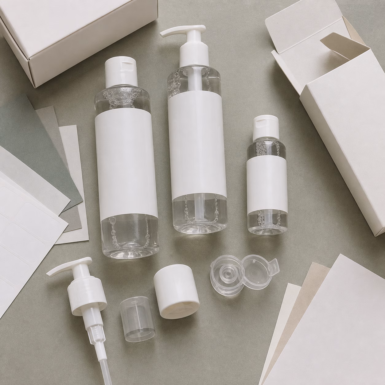 Blank press top bottle, lockable pump, flip cap and travel bottle options for a cleansing water packaging review