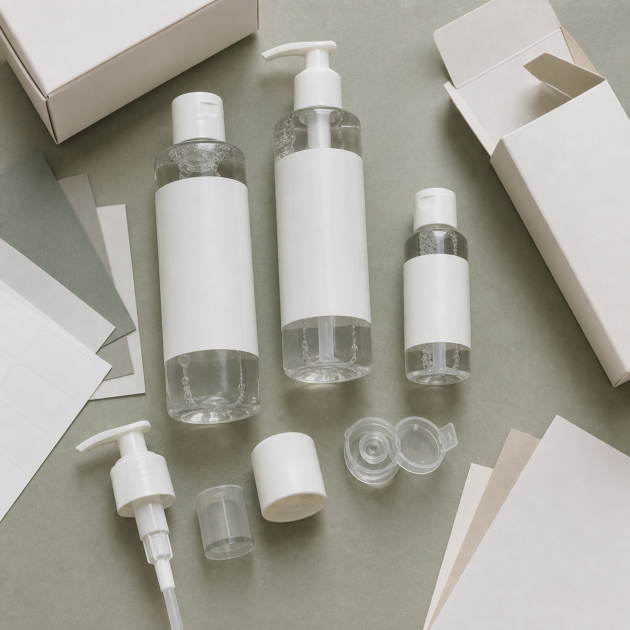 Blank press top bottle, lockable pump, flip cap and travel bottle options for a cleansing water packaging review