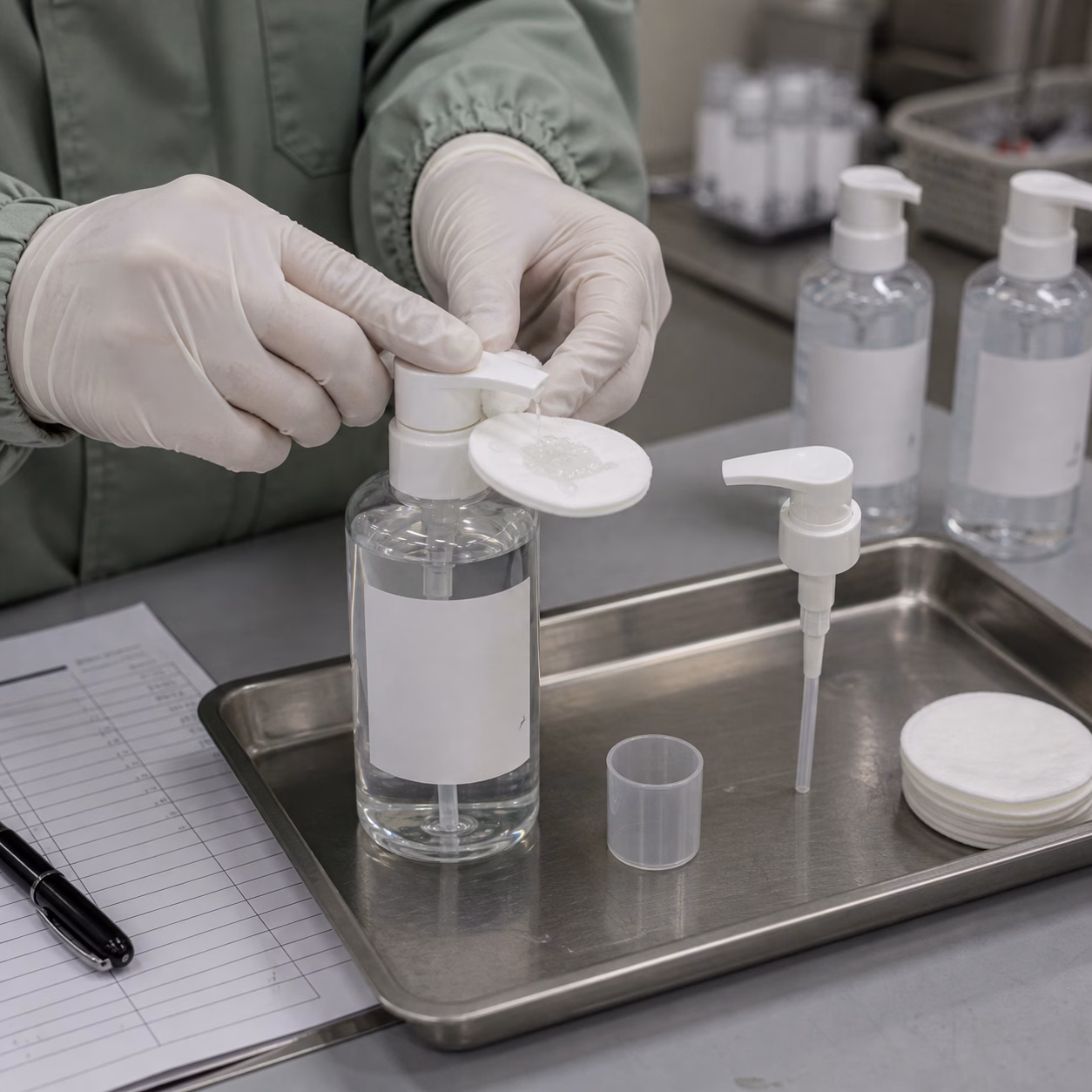 Gloved cosmetic technician checking cleansing water pump output on cotton pads at an illustrative sample QC bench