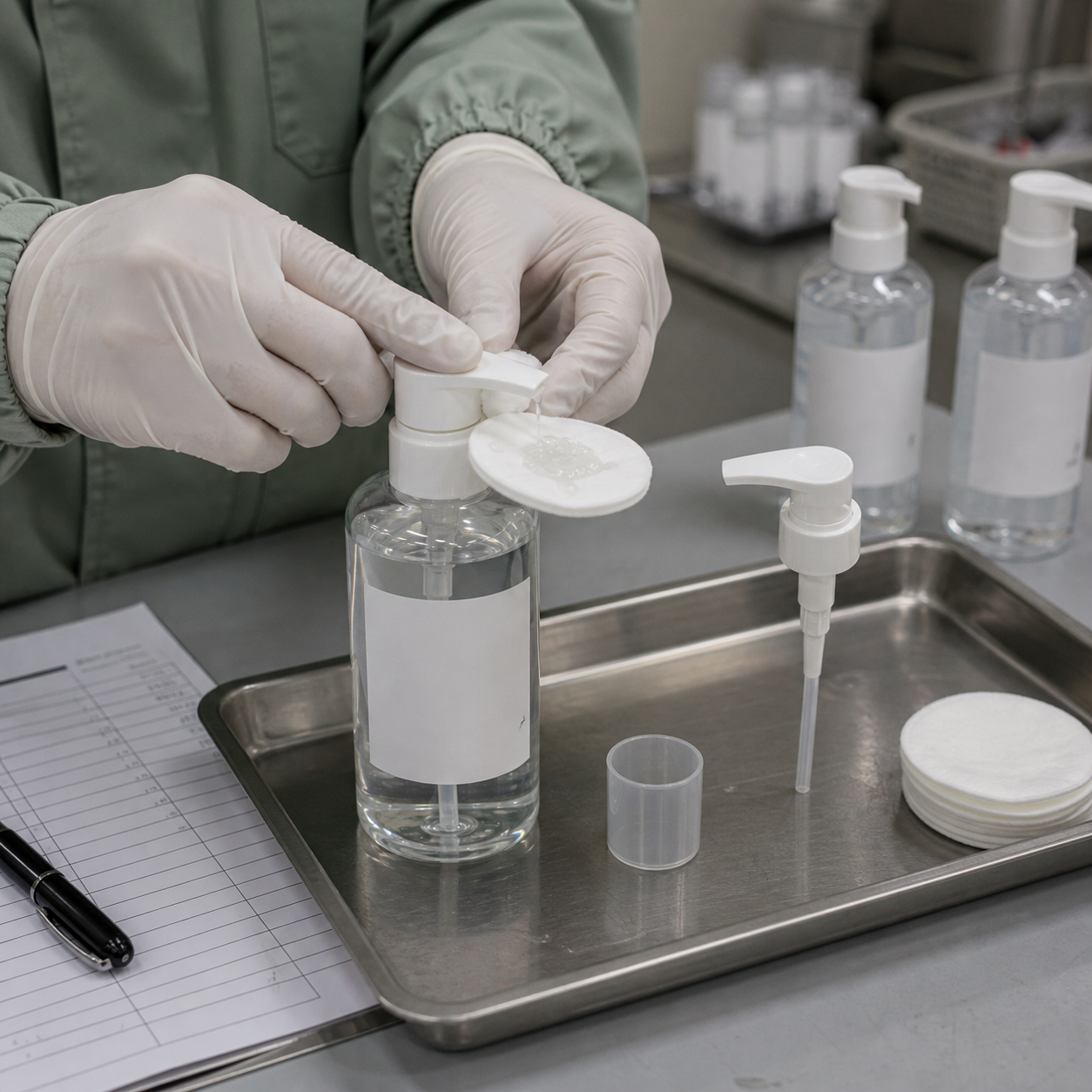 Gloved cosmetic technician checking cleansing water pump output on cotton pads at an illustrative sample QC bench