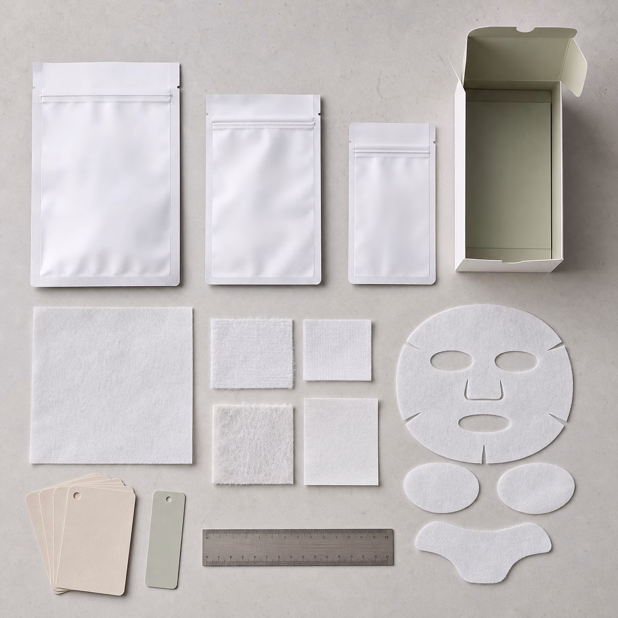 Blank sheet mask pouches, carton and nonwoven zone patch options for OEM packaging review