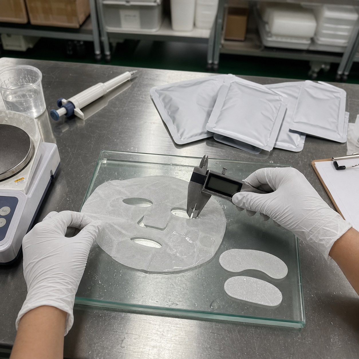 Gloved cosmetic factory technician measuring full-face sheet and modular zone patches at a QC bench