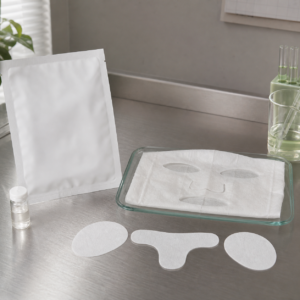 Blank sheet mask pouch, full-face sheet and modular zone patches on a cosmetic sample table