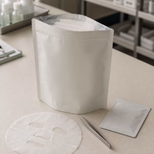 Neutral multi-sheet hydration mask pouch, face sheet, tweezers and single-use sachet on a skincare sample table