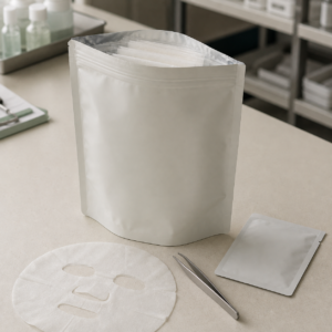 Neutral multi-sheet hydration mask pouch, face sheet, tweezers and single-use sachet on a skincare sample table