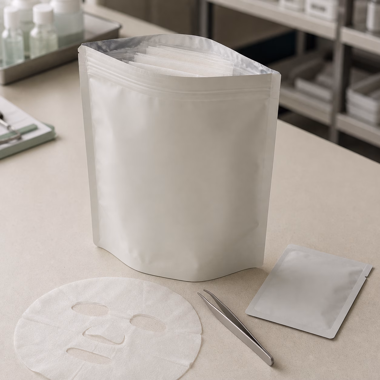 Neutral multi-sheet hydration mask pouch, face sheet, tweezers and single-use sachet on a skincare sample table