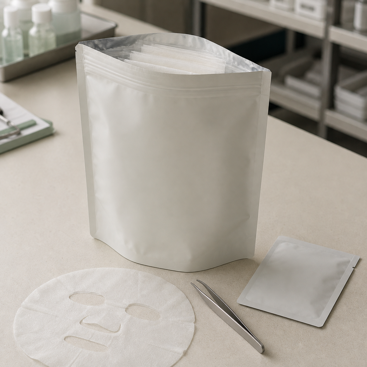 Neutral multi-sheet hydration mask pouch, face sheet, tweezers and single-use sachet on a skincare sample table