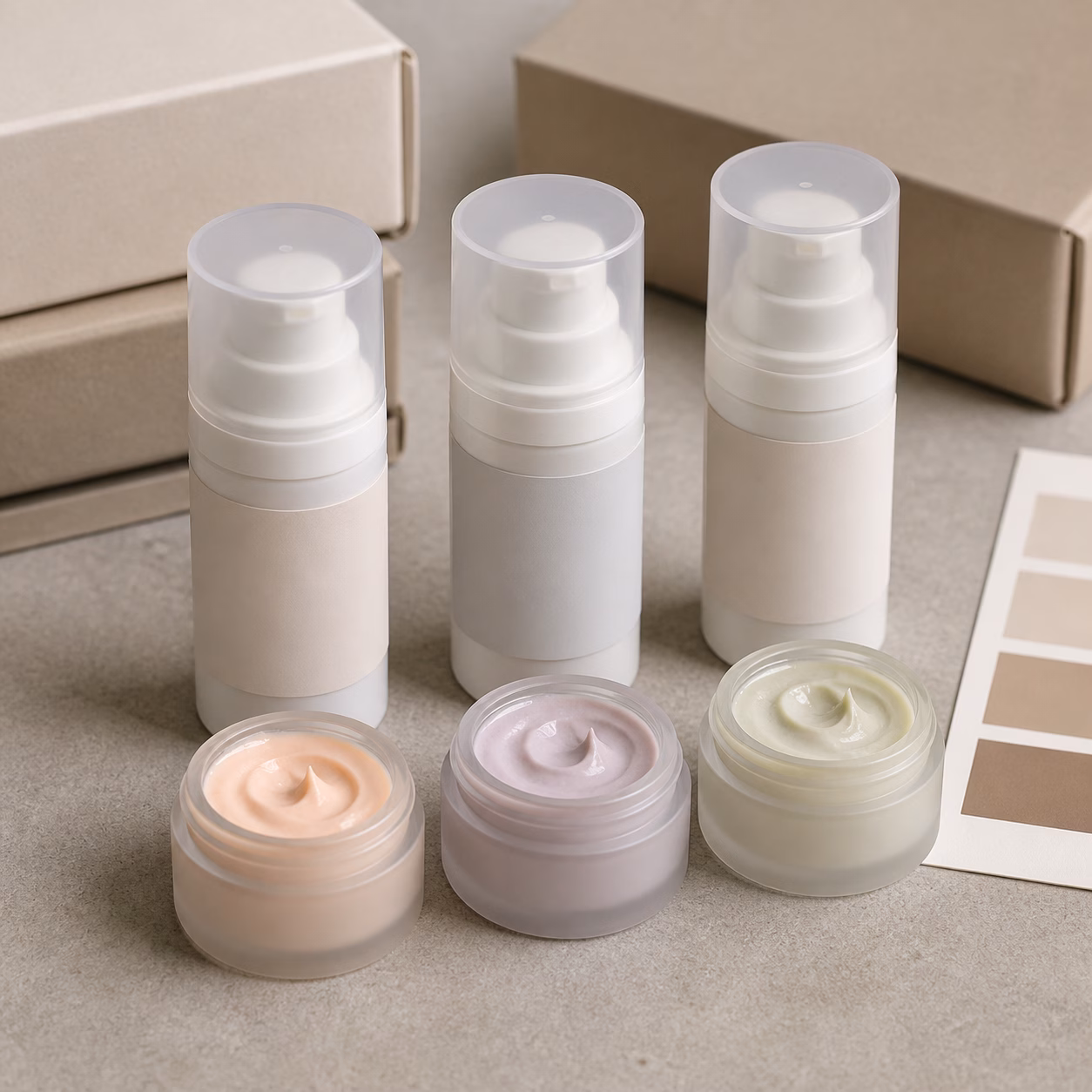 Unbranded airless color-correcting cream samples with multi-tone swatches on a factory sample table