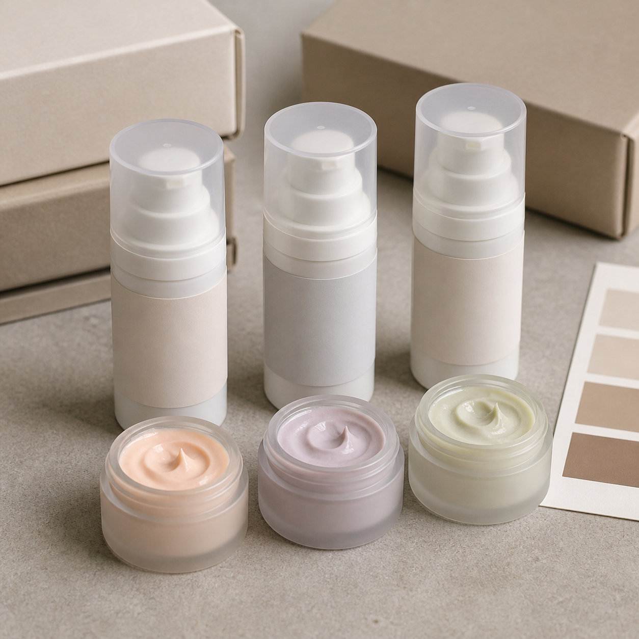 Unbranded airless color-correcting cream samples with multi-tone swatches on a factory sample table
