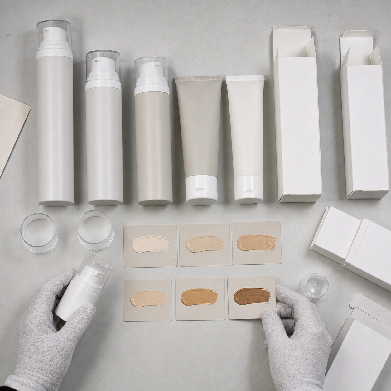 Airless pumps, squeeze tubes, blank cartons and six shade swatches for color-correcting cream packaging review