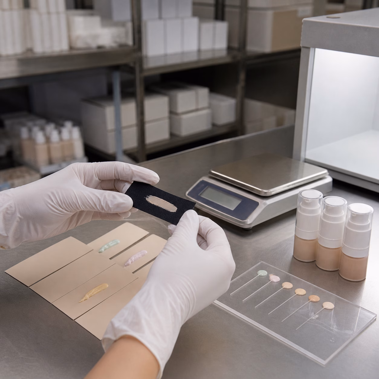 Gloved cosmetic factory technician checking color-correcting cream swatches and textile transfer