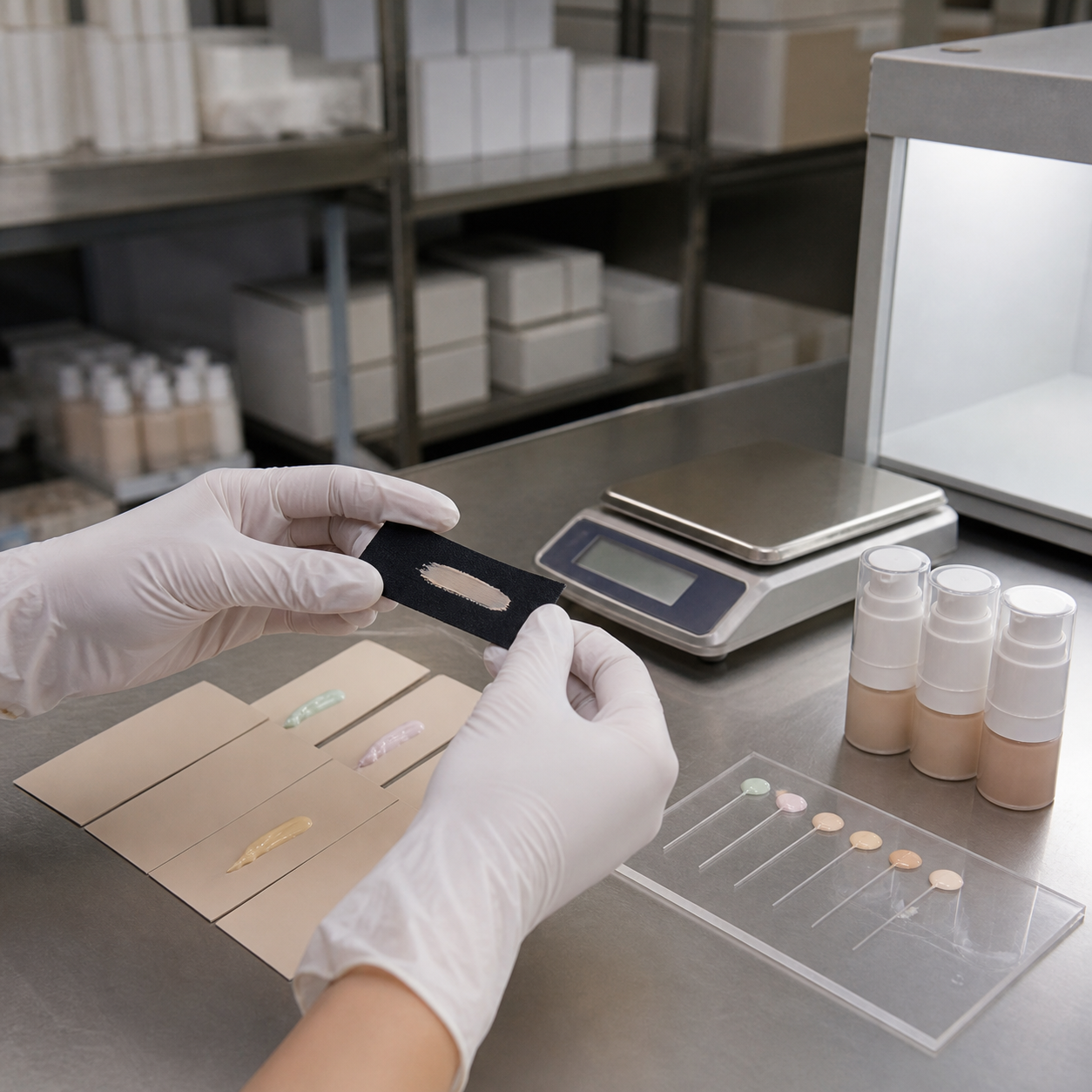 Gloved cosmetic factory technician checking color-correcting cream swatches and textile transfer