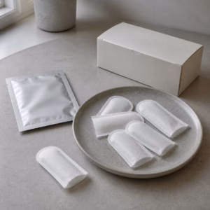 Illustrative unbranded nail and cuticle mask sleeves beside a plain sample pouch