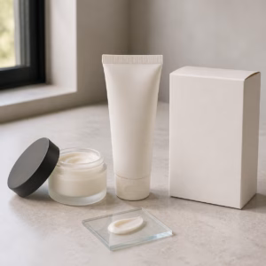 Blank neck cream jar and squeeze tube with an ivory texture sample on an illustrative sample table