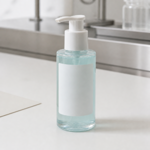 Unbranded pale aqua gel cleanser pump sample on a cosmetics factory sample table