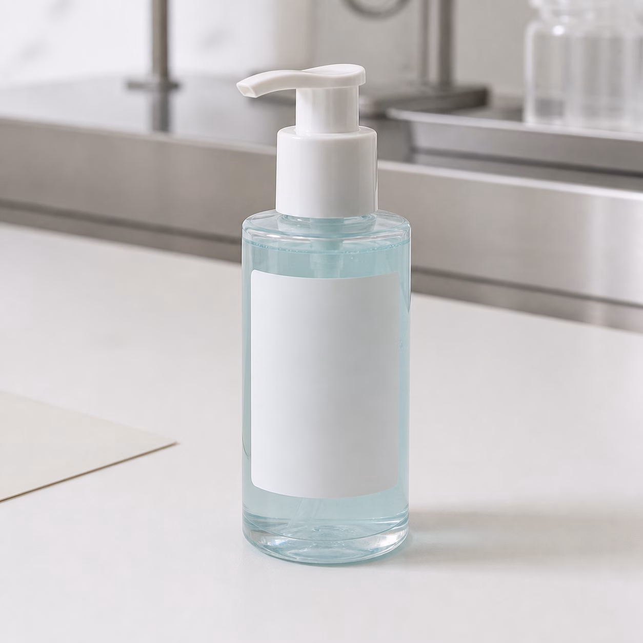 Unbranded pale aqua gel cleanser pump sample on a cosmetics factory sample table