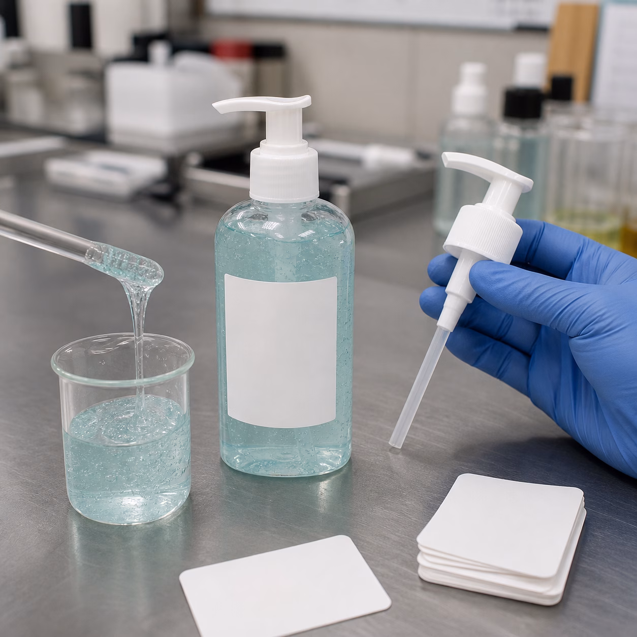 Gloved cosmetics technician reviewing pale aqua cleanser gel texture pump components and blank labels at a QC bench