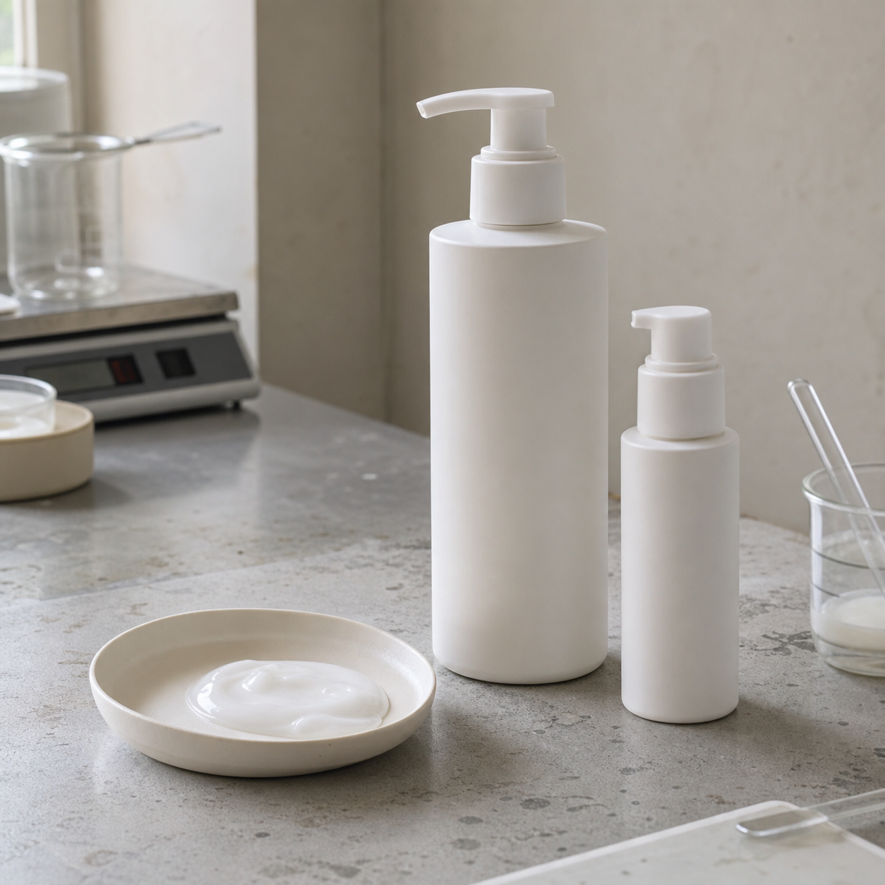 Neutral post-shower body serum pump samples and light serum-lotion texture on a GUOCUI factory sample table
