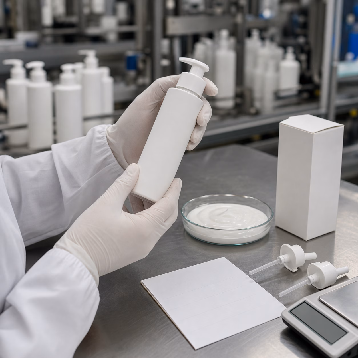 Factory QC review of a blank pump bottle and lightweight body serum sample before private label approval