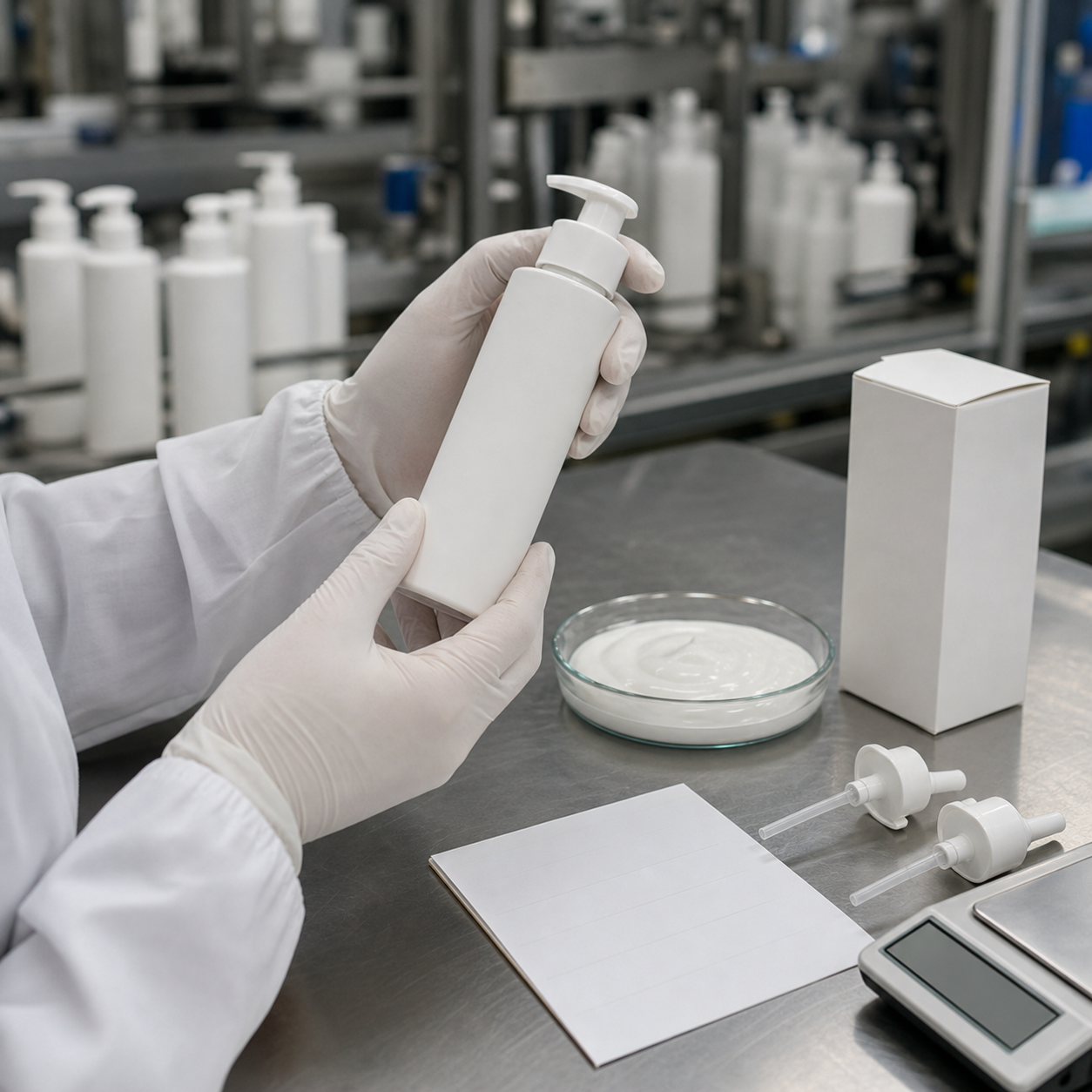 Factory QC review of a blank pump bottle and lightweight body serum sample before private label approval