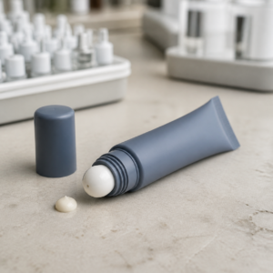 Muted slate-blue eye comfort cream tube with rounded white ceramic applicator on a cosmetics sample table