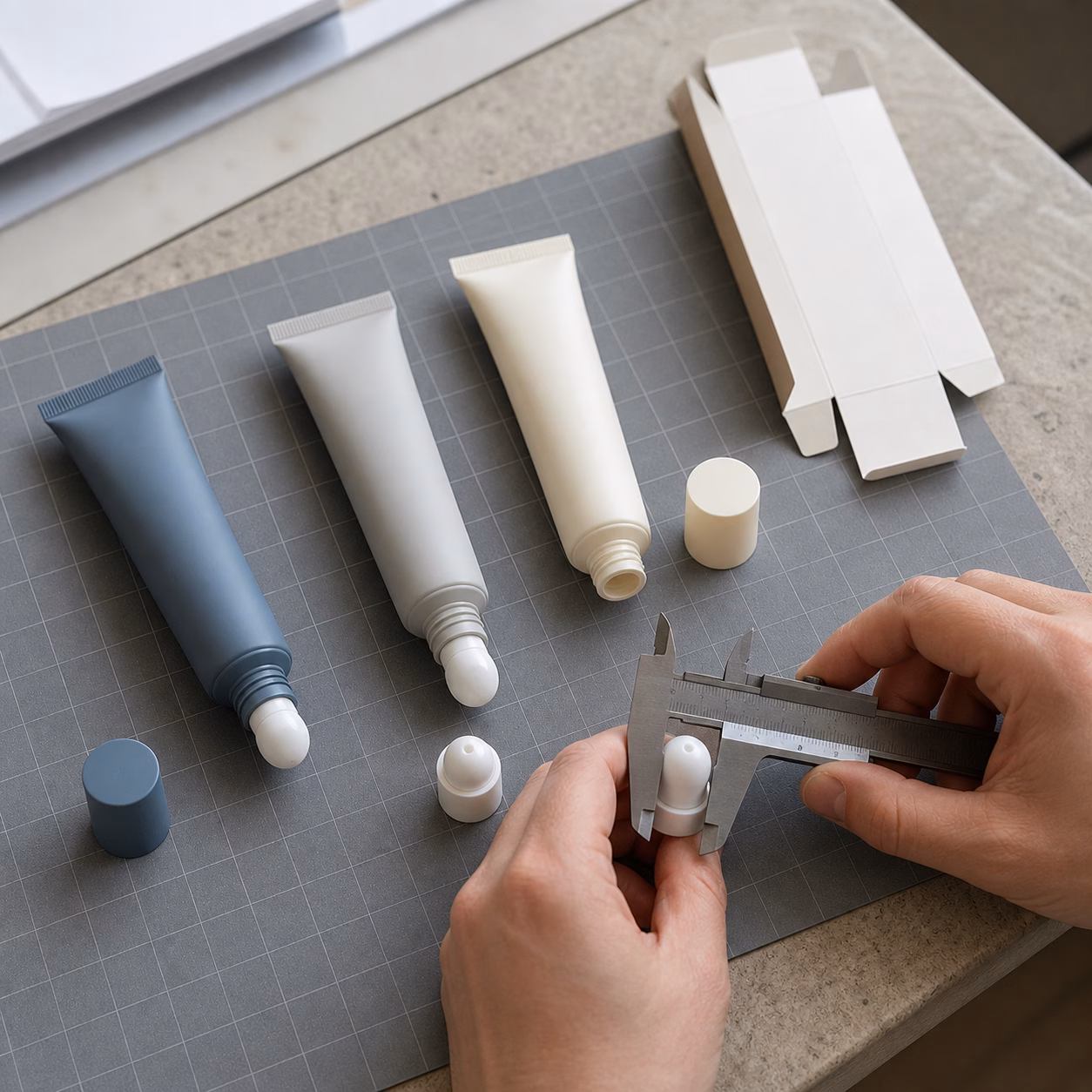 Packaging team compares neutral soft tubes rounded ceramic applicator components caps and blank cartons