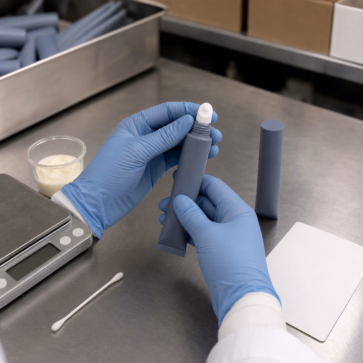 Gloved cosmetics QC technician checks a slate-blue eye cream tube and rounded ceramic applicator at a workbench