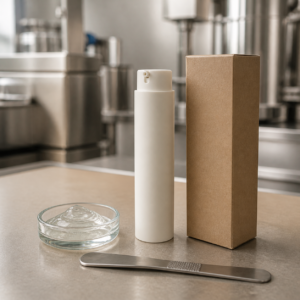 Unbranded precision-dose eye serum airless sample and formula dish on a cosmetic factory table