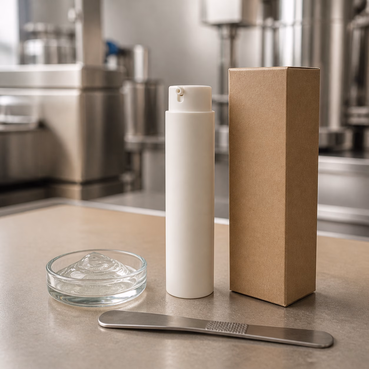 Unbranded precision-dose eye serum airless sample and formula dish on a cosmetic factory table