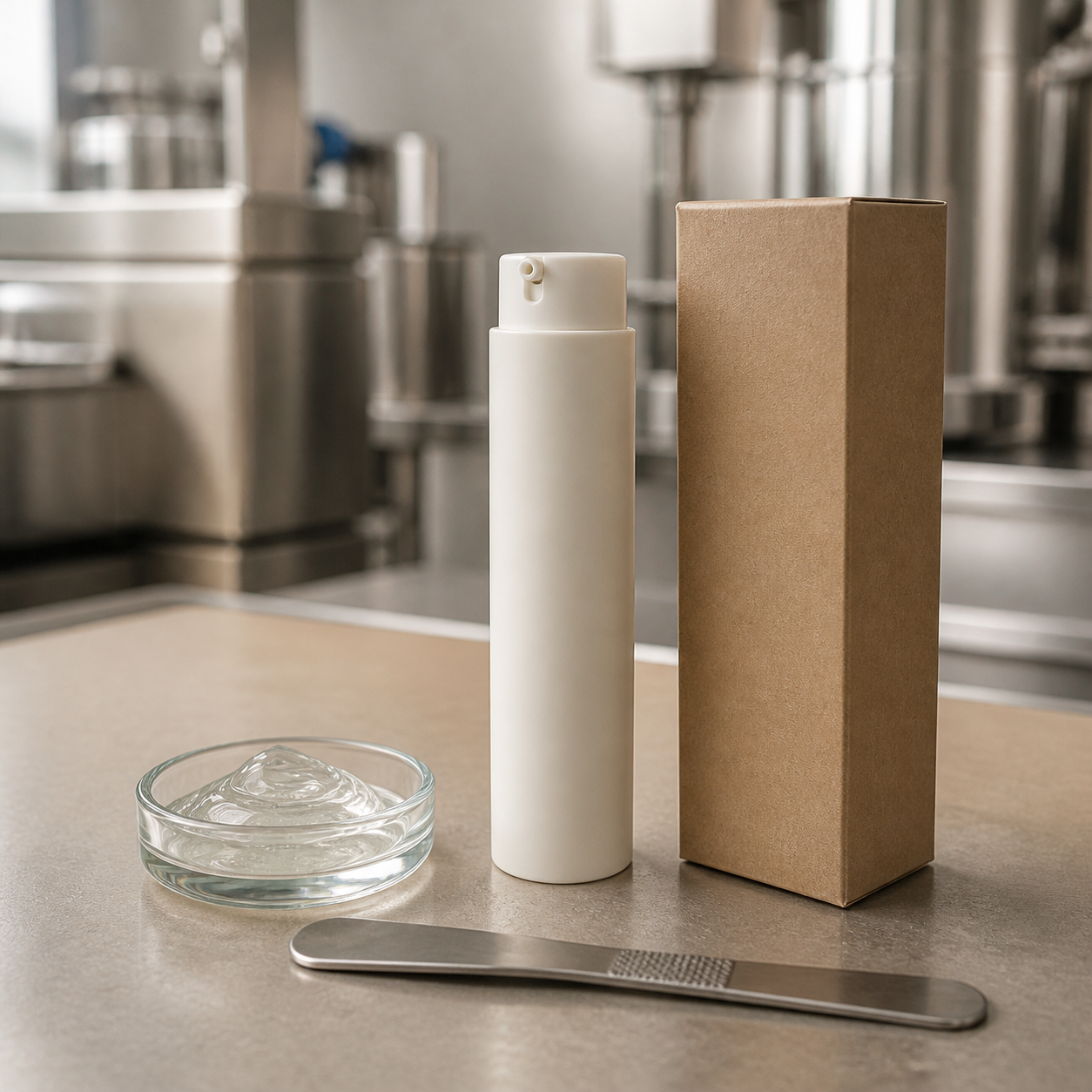 Unbranded precision-dose eye serum airless sample and formula dish on a cosmetic factory table