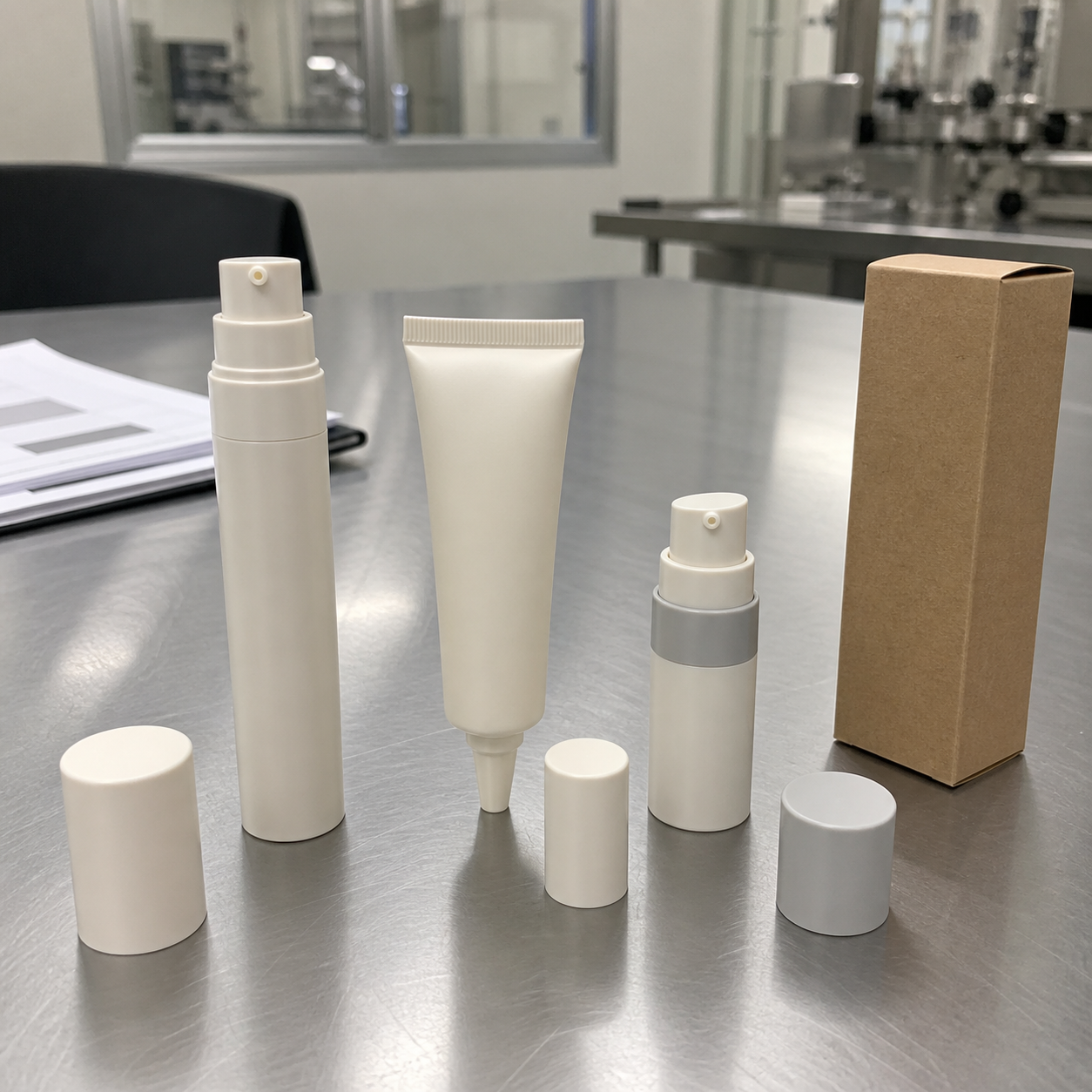 Slim airless pump tube and travel packaging options for a custom eye serum private label project