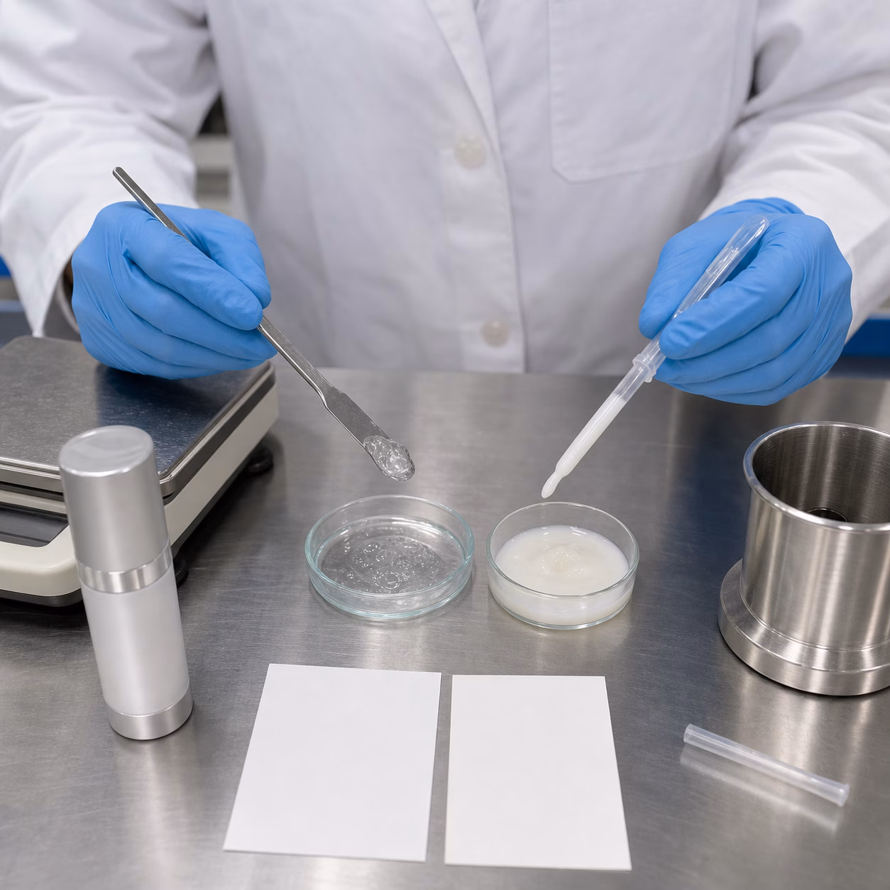 Gloved cosmetic factory technician comparing clear and milky eye serum textures and an airless sample pack