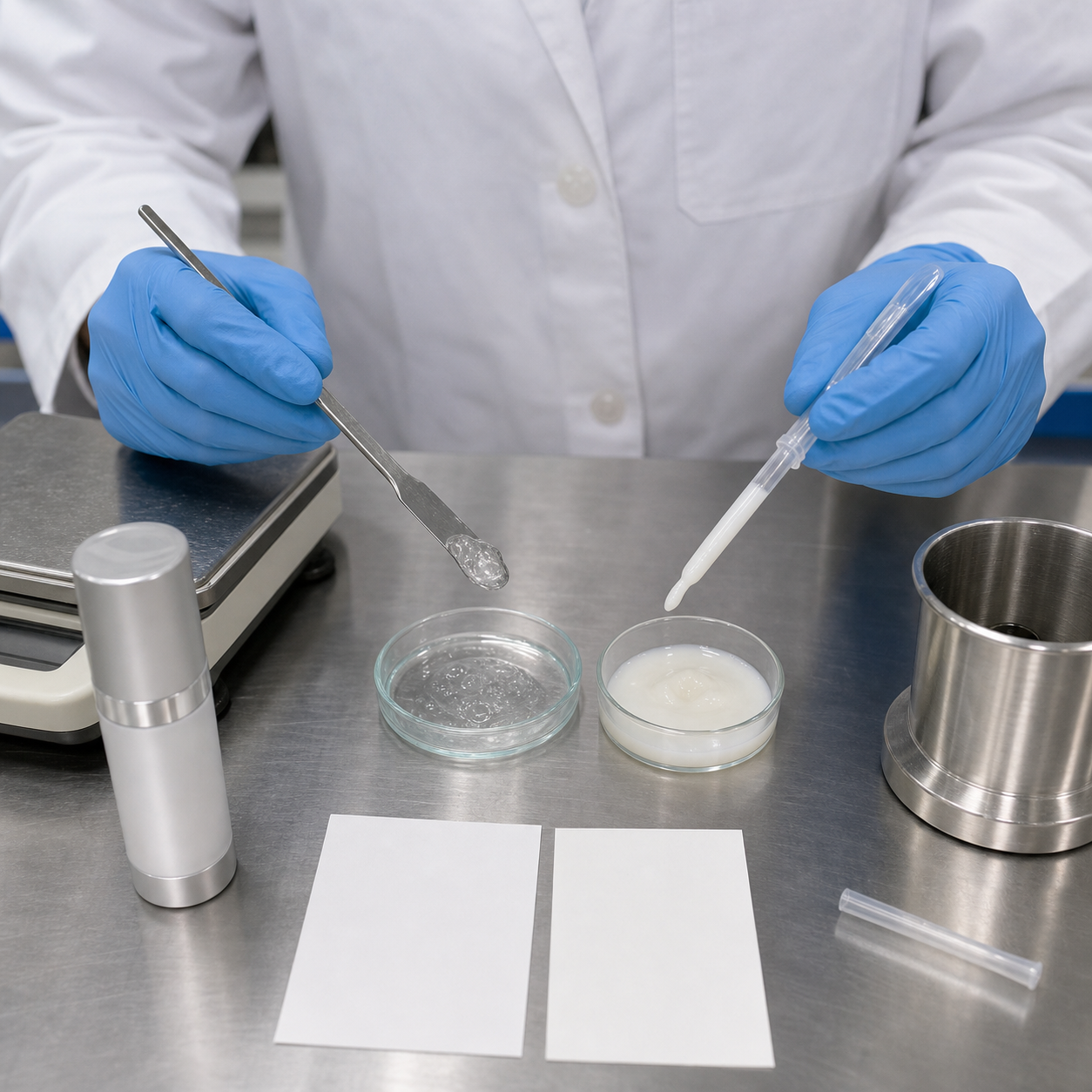 Gloved cosmetic factory technician comparing clear and milky eye serum textures and an airless sample pack