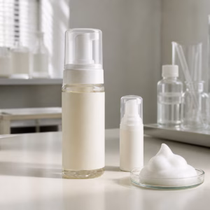 Blank clear mechanical foamer and travel foamer with a fine white cosmetic hand cleansing foam sample on a neutral table