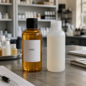 Unbranded amber and frosted shampoo samples on a cosmetics factory formula review table