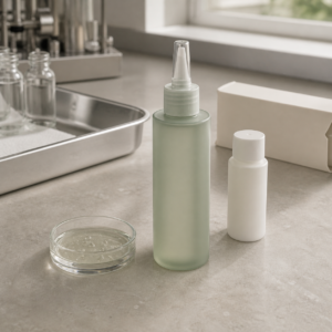 Neutral private label scalp serum samples with a precision nozzle on a cosmetic development table