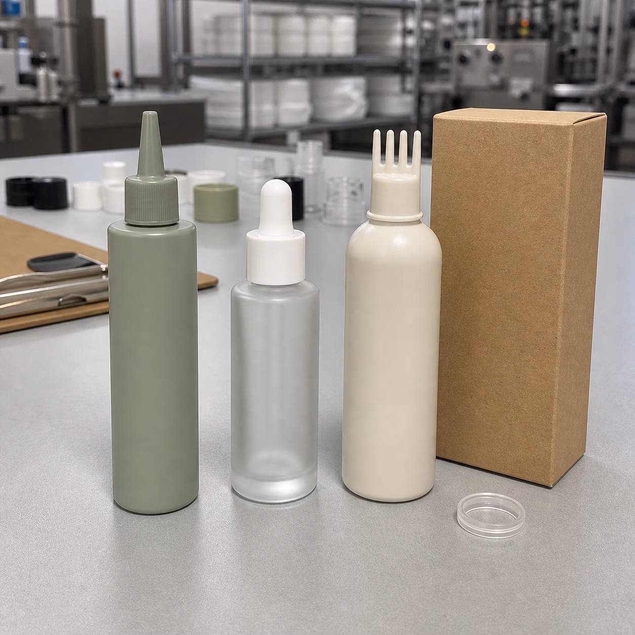 Blank directional-nozzle dropper and short-comb packages for private label scalp serum development