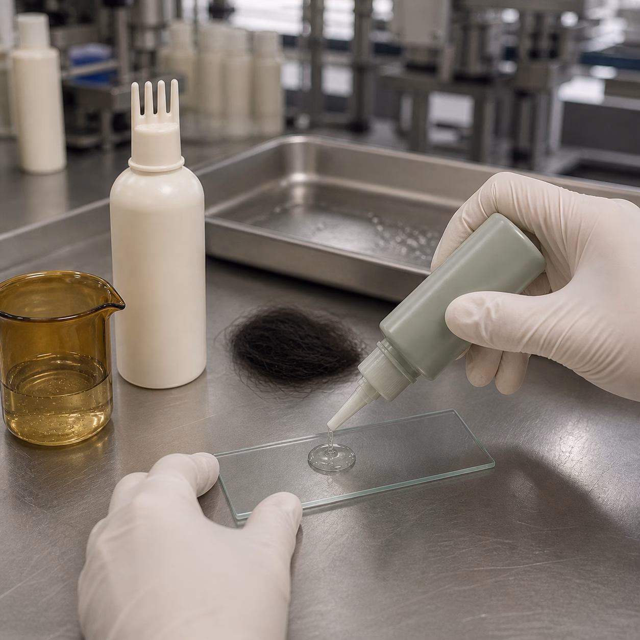 Gloved cosmetic factory technician checks scalp serum flow residue and leak-test packaging at a QC bench