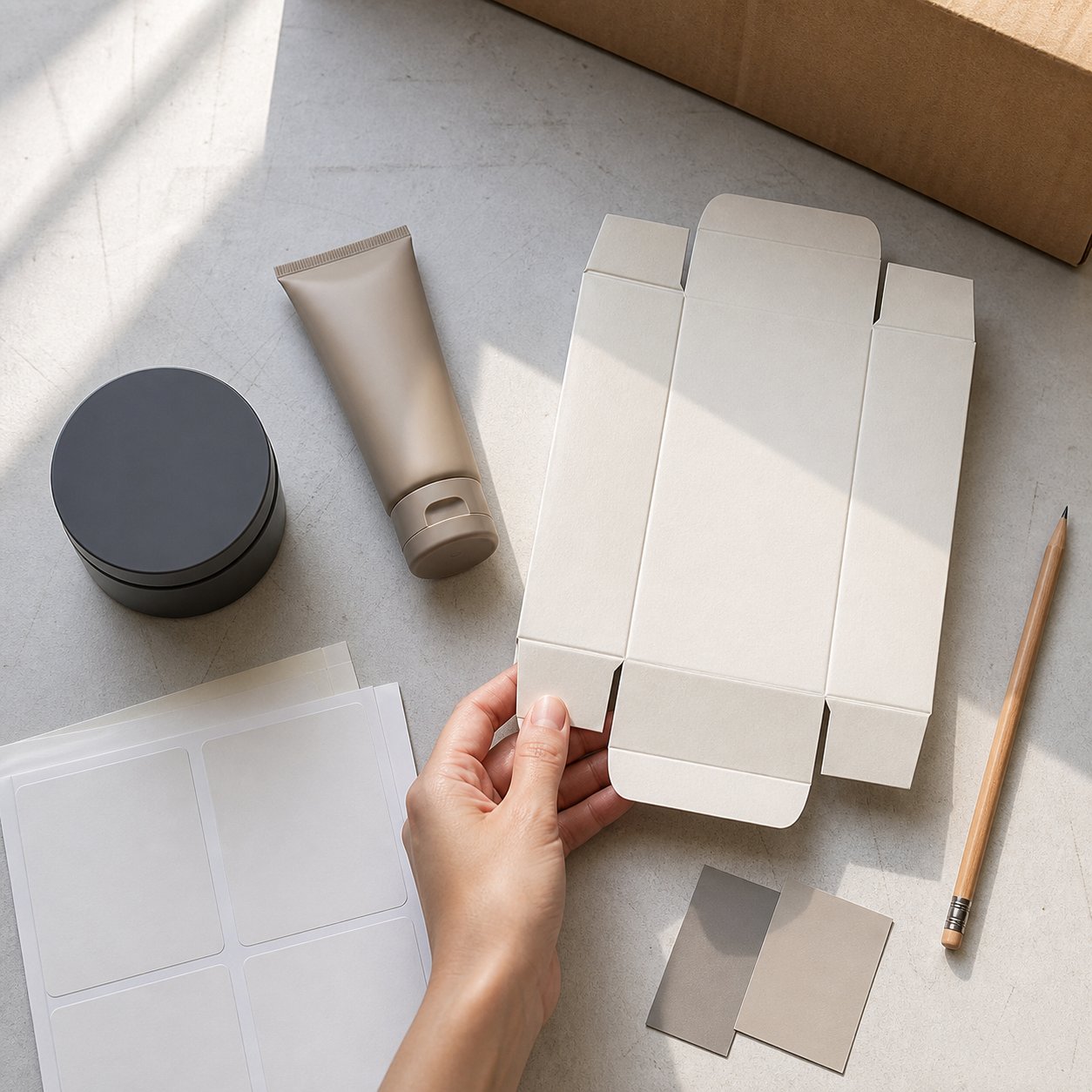 Blank labels carton proofs and scalp paste sample packs for an illustrative OEM buyer brief