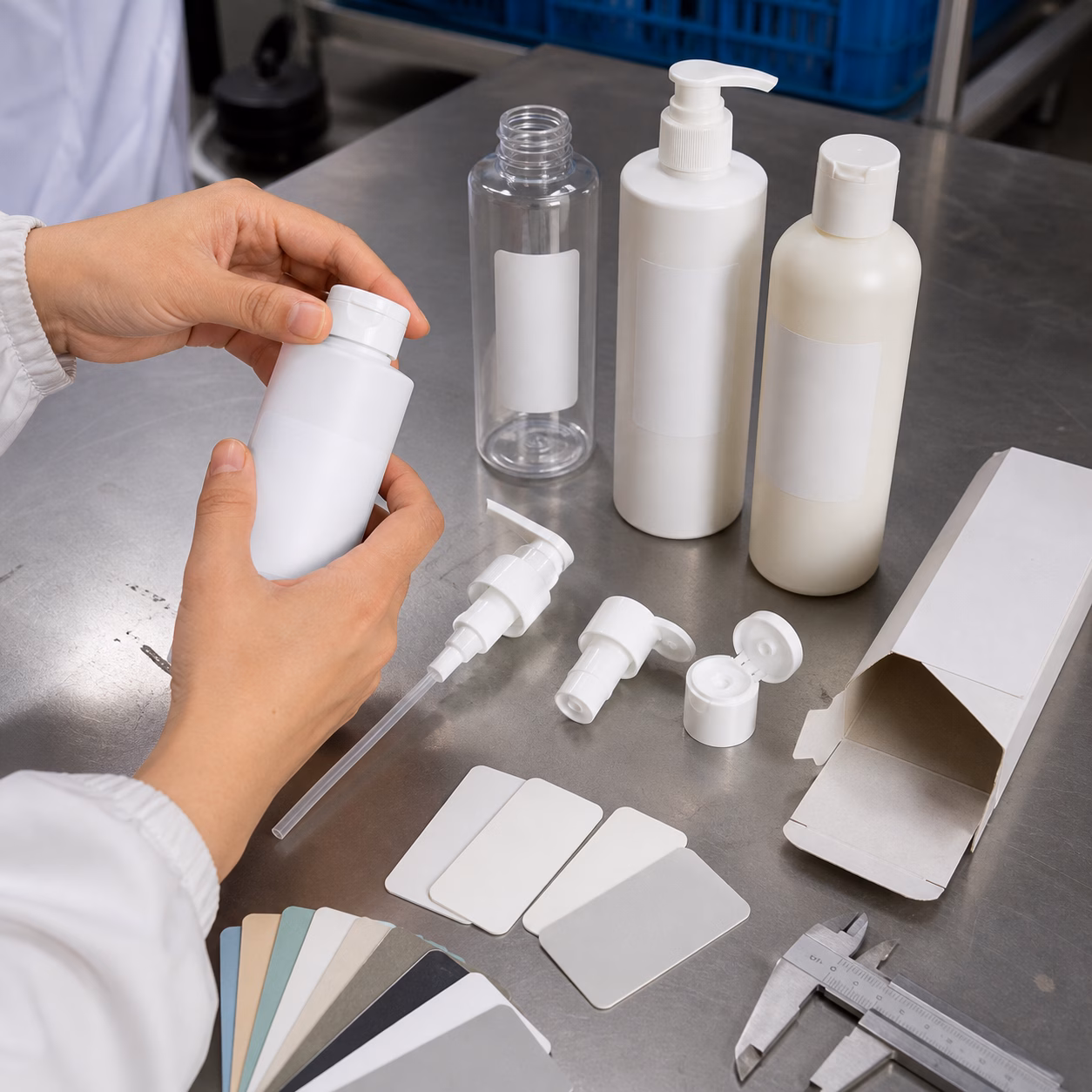 Cosmetics packaging technician comparing unbranded shampoo bottles closures labels and carton options