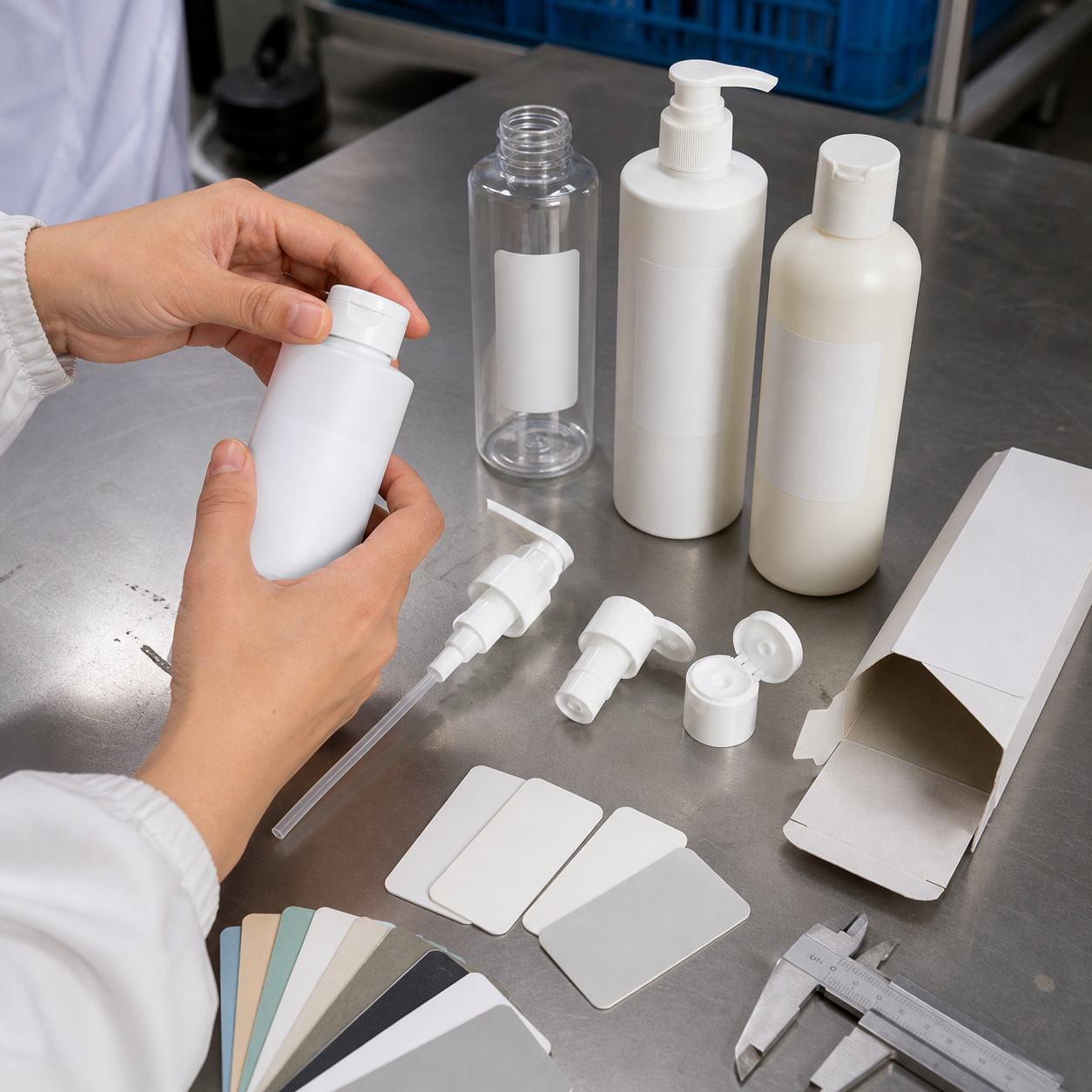 Cosmetics packaging technician comparing unbranded shampoo bottles closures labels and carton options