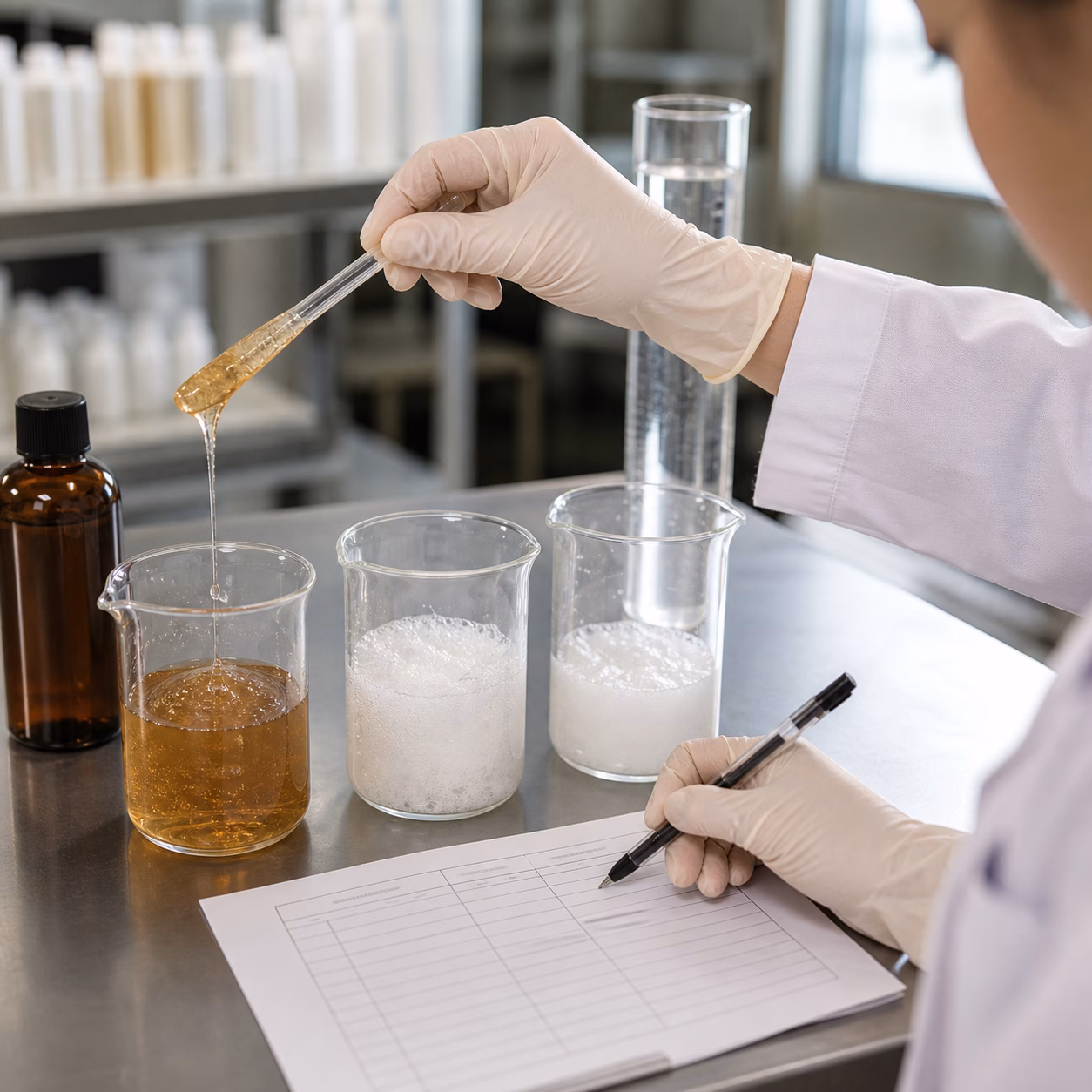 Gloved cosmetics technician comparing shampoo viscosity foam and rinse samples at a QC bench