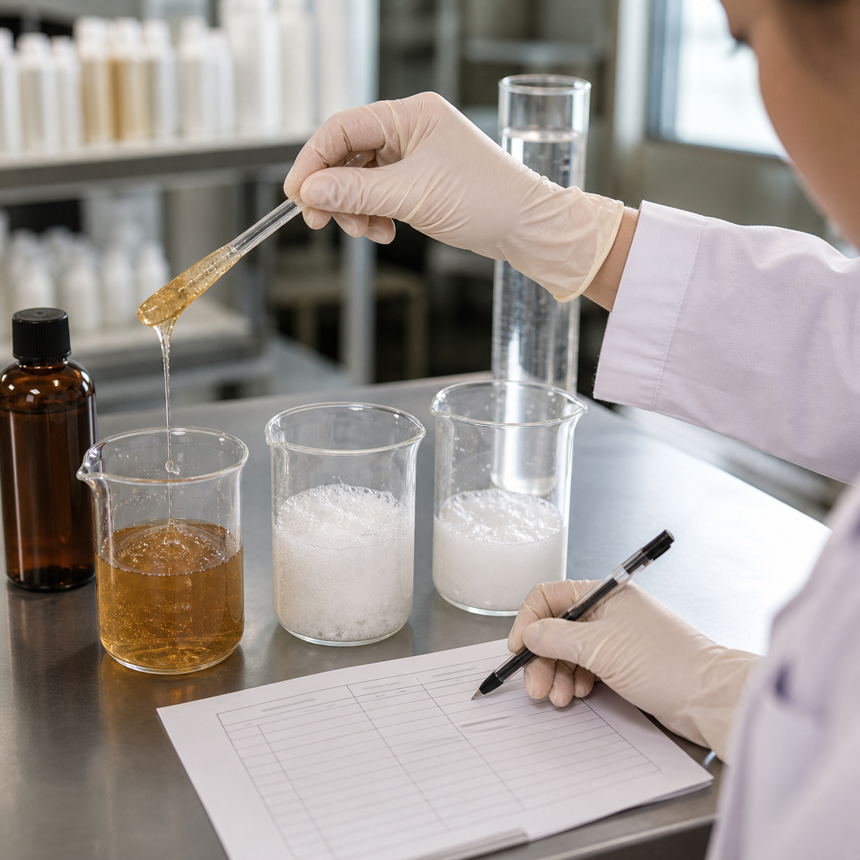 Gloved cosmetics technician comparing shampoo viscosity foam and rinse samples at a QC bench