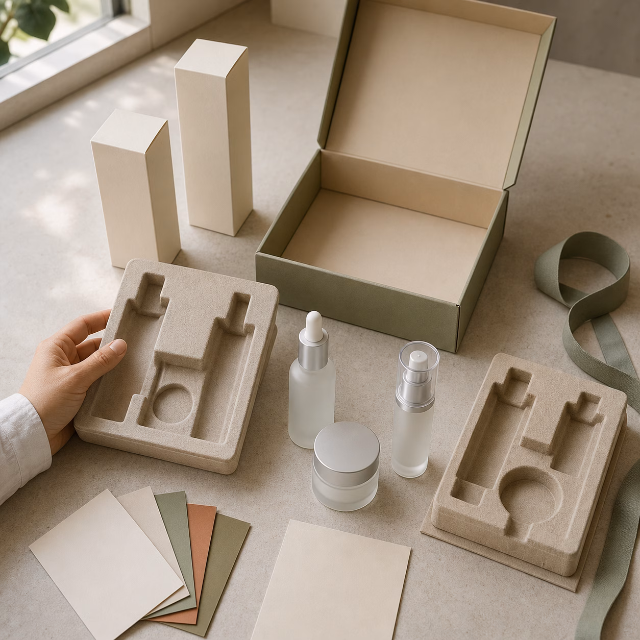 Two neutral blank skincare gift box packaging layouts with bottles jars inserts and ribbon samples on a cosmetics sample table