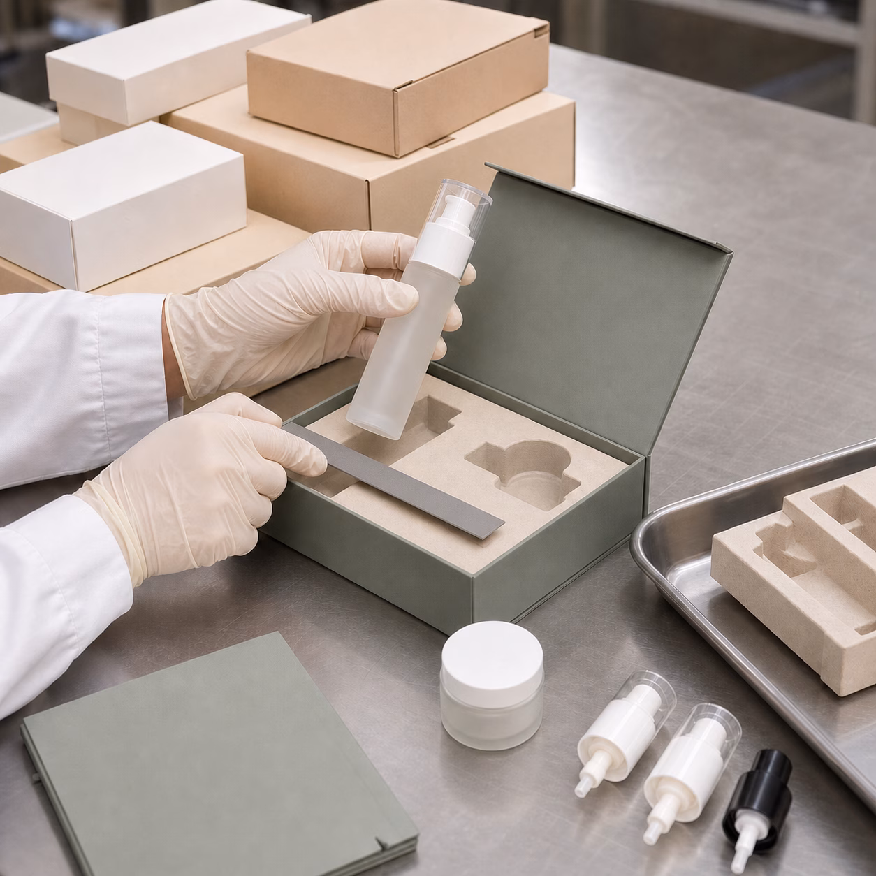 Gloved hands reviewing blank skincare bottles jar box insert and an unmarked packaging gauge on a cosmetic QC table