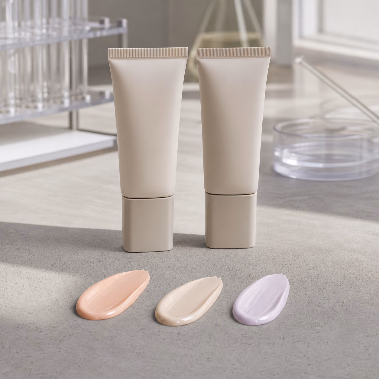 Unbranded sheer tone-adjusting skin-prep cream samples and three undertone swatches on a cosmetic factory sample table