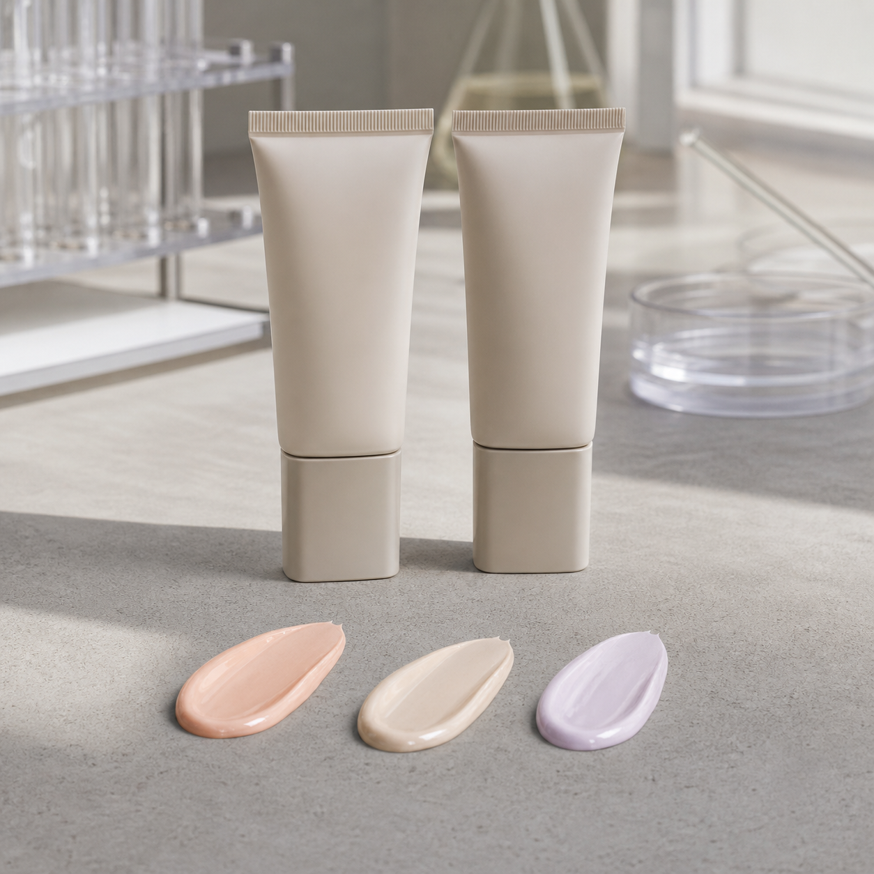 Unbranded sheer tone-adjusting skin-prep cream samples and three undertone swatches on a cosmetic factory sample table